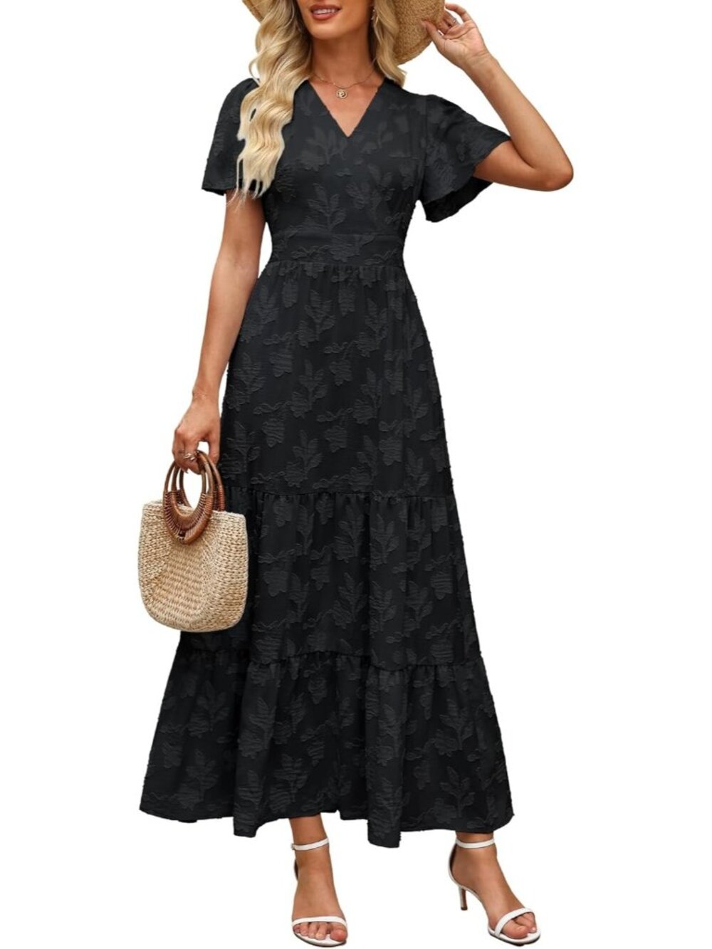 Women's Black Short Flutter Sleeve V Neck Boho Floral Imported Maxi Dress